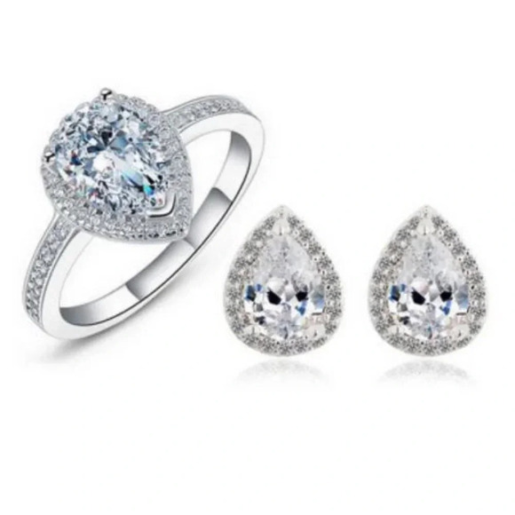 925 Sterling Silver Pear Cut Diamond Ring Earrings - Picture 10 of 10